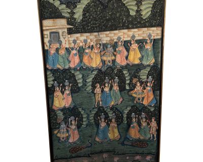 1970s Vintage Large Indian Hindu Lord Krishna With Village Ladies Cloth Painting Gold Gilt Frame