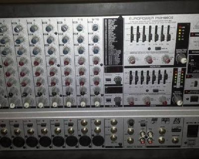 PA System for sale. Behringer PMH880S 10 channel power mixer 800 watts. Two 400 watt speakers and 2 speaker stands