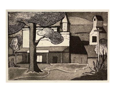 1940s Modern Cubist Village Etching