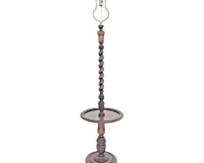 Vintage 1930s English Oak Barley Twist Floor Lamp With End Table