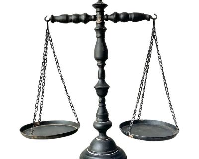 1960s Vintage Mid-century Large 27 Black Metal Balance Scales of Justice D cor Good vintage condition. Scales balance nicely. Wear is evident on black paint, but adds desirable aesthetic design. Height 27 Length 28 Width 9 1/2 Weight 7.5lbs Circa 1960-70s. Dimensions 28 W 9.5 D 27 H Styles American Period 1960s Country of Origin United States Item Type Vintage, Antique or Pre-owned Shop Sustain...