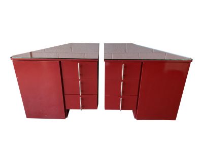 Vintage Red Cabinets With Glass Top, Pair
