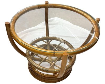 Vintage 1970s Italian Modern Style Round Glass and Rattan Coffee Side Table
