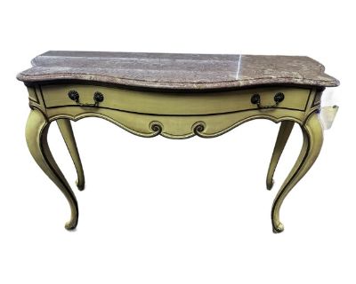 1940s Weiman Louis XV Style- Vintage Pink Marble Console Table With Scalloped Edges