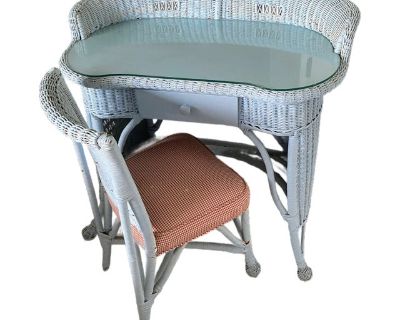 Antique Wicker Writing Desk and Matching Chair and Glass Custom Top