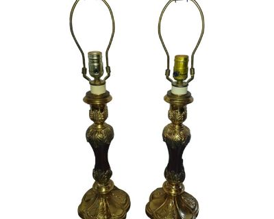 Vintage Maroon Glass and Brass Ornate Lamps - a Pair