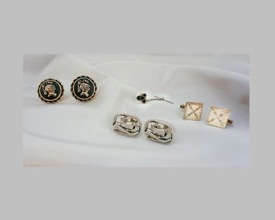 Collection of 3 funky, fun, mid century (early 1970 s) pairs of cuff links and one tie pin (c1975)