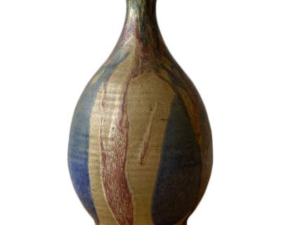 Vintage 1950s / 60s Ka Kwong Hui Wheel Thrown Pottery Bottle Vase With Drip Glaze