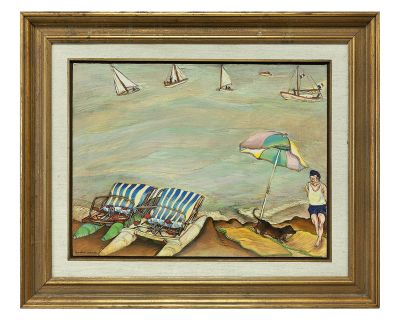 Pincas Moreno, Surrealist "Le Parasol" French Riviera Scene, Paddle Boats Oil Painting