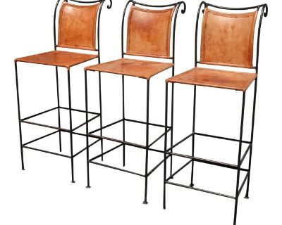 Set Three Vintage Spanish Style Brown Leather Bar Stools Barstools Wrought Iron 2of2
