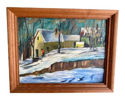 Vintage Wpa Style Winter Scene Painting Signed Heldman
