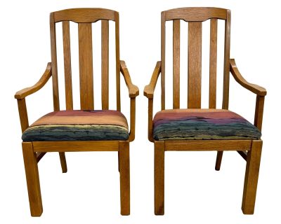 Vintage Mission Arts and Crafts Style Stickley Style Oak Dining Arm Chairs - Pair