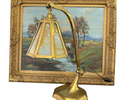 Antique Arts and Crafts Brass and Slag Stained Glass Lamp c.1910 by Salo Metal Arts Company