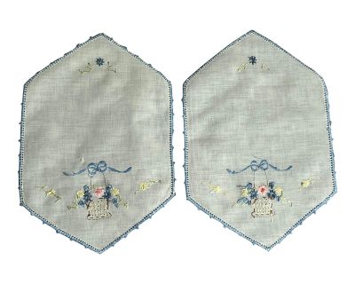 Vintage Pair of Little Hand Embroidered Linen Table Mat Dresser Scarves