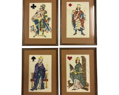Vintage 1960s Framed Needlepoint Playing Cards - Set of 4