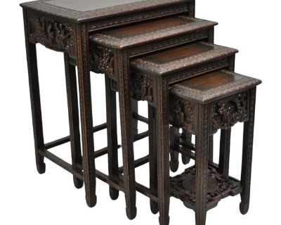 Antique Chinese Carved Rosewood Figural Nesting Side Tables W/ Drawer - 4 PCS