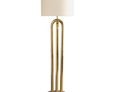 Mid-Century Tubular Polished Brass Accent Floor Lamp With Walnut Base