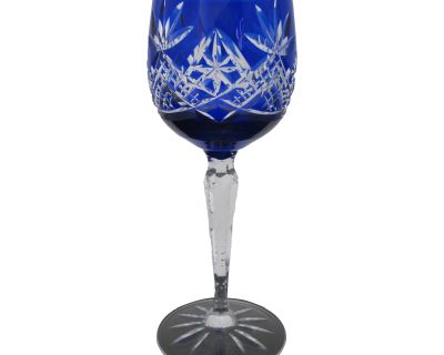 Bohemian Sapphire Blue Cut Crystal 7.75" Hock Wine Glass Goblet