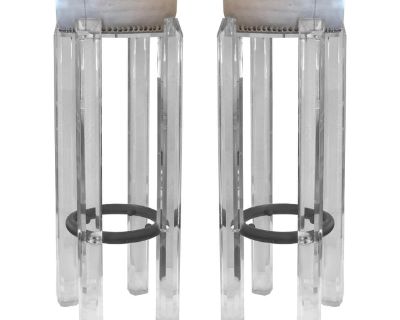 Mid-Century Modern Lucite and Leather Stools With Metal Footrest After Hollis Jones- Set of 2