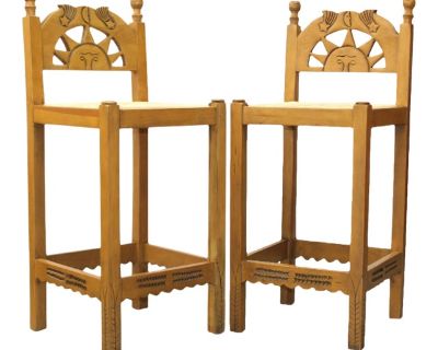 Pair Southwest Rush Seat Bar Chairs | Carved Sun Moon