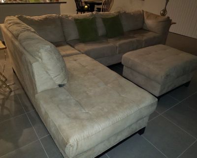 Sectional sofa, excellent condition, 3 pc., beige  microfiber, dark mahogany wood legs