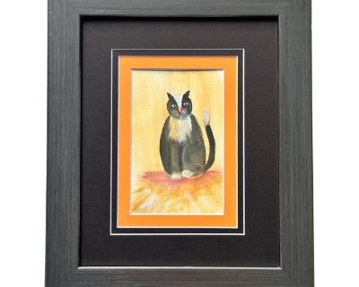 Mid 20th Century Vintage Folk Art Watercolor of a Cat, Framed