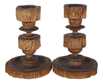 Vintage Primitive Rustic Hand Turned Rough Burl Candlesticks Candle Holders- a Pair