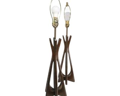 Pair of Sculptural Wood Mid Century Danish Modern Style Table Lamps Attributed to Modeline