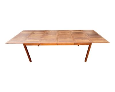 106 wide Danish teak dining table by Vejle Stole Mobelfabrik with refinished top. The table features four leafs and can go from card-table size to massive 106 dining table with seating for 10. Great, versatile piece for the upcoming holidays! 106 W total | 17.75 W leaf (4) 35.5 W | 29.25 H | 35.5 L Central FL and nationwide delivery available!. Dimensions 106 W 35.5 D 29.25 H Styles Danish Mode...