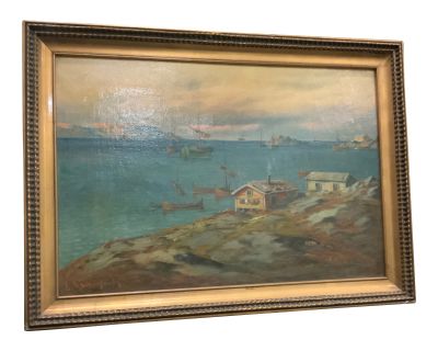 Early 20th Century Swedish Small Harbor Painting, Framed