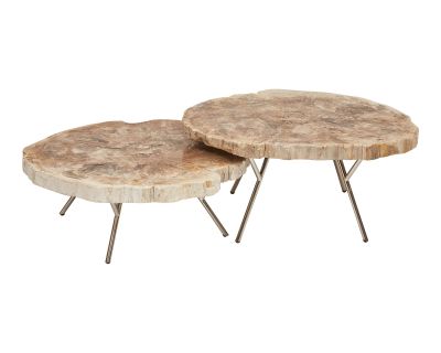 Relique Lastra Coffee Table, Polished Stainless Steel Legs & Natural Light Top - Set of 2
