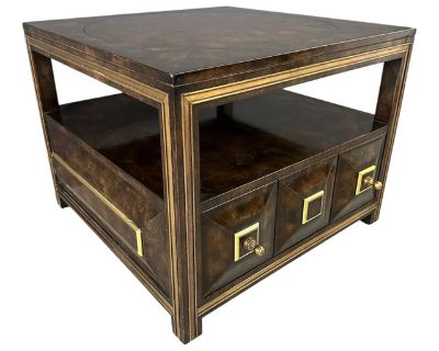 1970s Mastercraft Burl Elm & Brass End Table or Night Stand W/Drawer