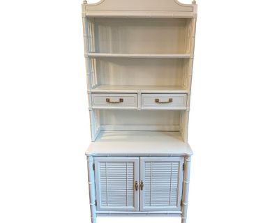 1970s Henry Link Bali Hai Cabinet & Hutch – High Gloss White Lacquer With Blue Interior