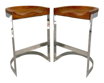 Pair of Oak and Chrome Counter Barstools by Warren Bacon