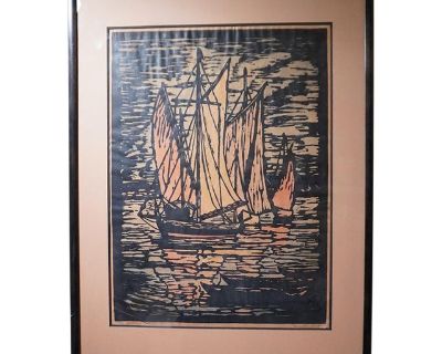 Signed Prescott Chaplin Block Print, the Harbor c.1920s