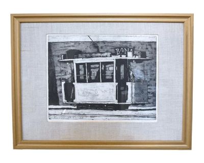 A vintage, signed, framed engraving on paper by Dutch artist Herman (Hermanus) Berserik titled "Train in Tunis" depicting a streetcar in the city of Tunis, Tunisia. In very nice condition for its age, some browning, it's been attached to the fabric mat. Signed "Berserik" in plate. In pencil it is signed by the artist, as well as titled and dated. The piece was signed in 1960. Herman Berserik (1...