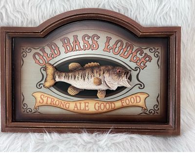 NWT Old Bass Lodge Fish Sign Decor Wooden Plaque With Box Fishing Gift New
