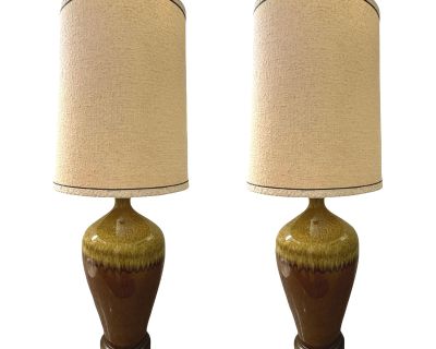 Pair of Vintage Mid-Century Modern Large Dripped Glazed Ceramic Table Lamps Shades Rewired 1960s