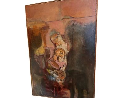 Large mid-century abstract, predominantly salmon, grey and white tones. Madonna and child figure. Oil on canvas with thin wood frame.. Dimensions 30.5 W 1 D 45 H Styles Abstract Frame Type Framed Art Subjects Abstract Figure Period Mid 19th Century Item Type Vintage, Antique or Pre-owned Shop Sustainably with Chairish Materials Canvas Condition Good Condition, Original Condition Unaltered, Some...