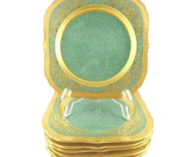 Royal Worcester Green With Elaborate Gilt Trim Square Luncheon Plates - Set of 8
