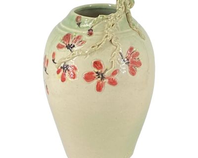 Vintage Studio Pottery Vase With Flower Blossoms & Applied Relief Branch Signed E. M.