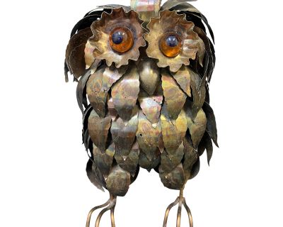 1960s Whimsical Brutalist Metal Owl Sculpture Attributed to C Jere