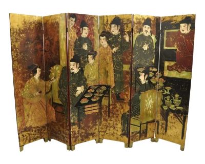Large Vintage Chinoiserie Chinese 6-Panel Figural Red Folding Screen Room Divider