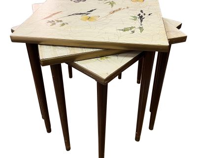1960s Vintage Artex Square Butterfly and Dried Floral Stacking Tables - Set of 3