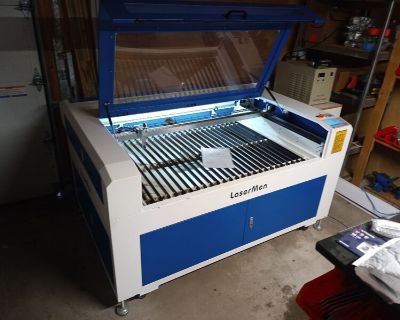This 180W industrial laser cutter (do not confuse with desktop engravers with only 40W) is hardly used. Its 180W CO2 Laser cuts almost any non-metal at least up to 1" thick with a massive cutting area of 52" x 34". The cutting power can be controlled and I normally use it at 30% for thinner stuff. The bed raises and lowers about 12" to accomodate large objects. Because it is powerful, it cuts i...
