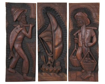 Set of 3 Mid 20th Century Folk Art Carved Mahogany Low Relief Fishermen Farmer Sailboat Wall Plaques
