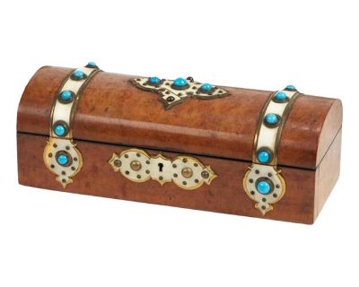 Antique Napoleon III Burl Walnut Turquoise Cabachon Glove Box.. Dimensions 11 W 4.5 D 4.5 H Styles Napoleon III Period 19th Century Country of Origin France Item Type Vintage, Antique or Pre-owned Shop Sustainably with Chairish Materials Walnut Condition Good Condition, Original Condition Unaltered, Some Imperfections Color Brown Condition Notes Light wear, beautiful patina. Light wear, beautif...
