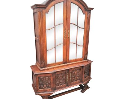 Vintage 1930s Carved Oak Spanish Revival Display China Cabinet