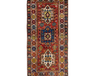 Red Vintage Kazak Caucasian Wool Runner With Multicolor Geometric Design