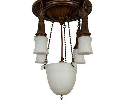 Early 20th Century Brass & Milk Glass Pan Style Chandelier W/ Rope & Urn Details